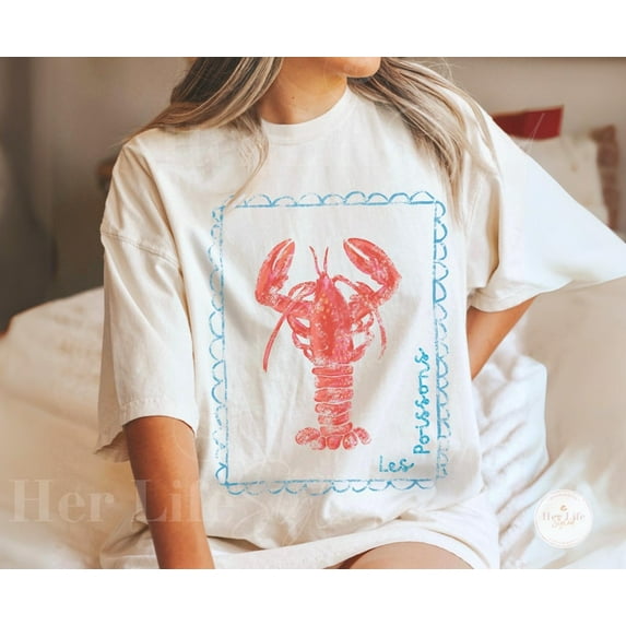 Lobster Graphic T-Shirt, French Coastal Distressed Tee, Coquette Aesthetic Shirt TH060149