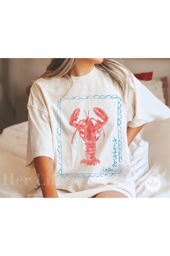 Lobster Graphic T-Shirt, French Coastal Distressed Tee, Coquette Aesthetic Shirt TH060149