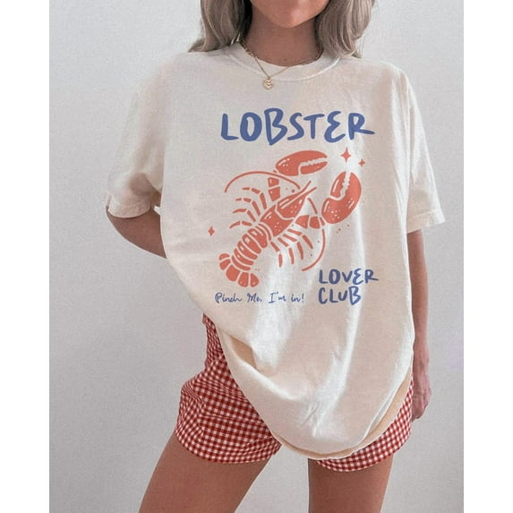Lobster Graphic T-Shirt - French Coastal Distressed Tee - Oversized Coquette Aesthetic Shirt - Nautical Fisherman Style