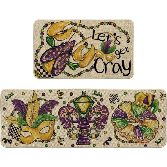 Lobster Irises Mask Doughnut Mardi Gras Kitchen Mats Set of 2, Home Decor Low-Profile Kitchen Rugs for Floor - 17x29 and 17x47 Inch