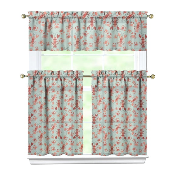 Lobster Nautical Curtains Set Coastal Seafood Ocean Marine Cute Red Blue Crustacean Beach Sea Life Tropical Starfish Funny Lobster Pattern Nautical Kitchen Curtain Tier and Valance Set