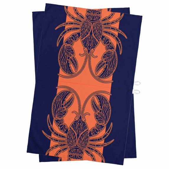 Lobster Navy Blue Kitchen Towels Set of 2, Water Absorbent Dish Towel, Boho Tropical Orange Stripe Summer Decorative Hand Towels - Quick Drying Cloth for Cooking Baking, 18x28 Inch