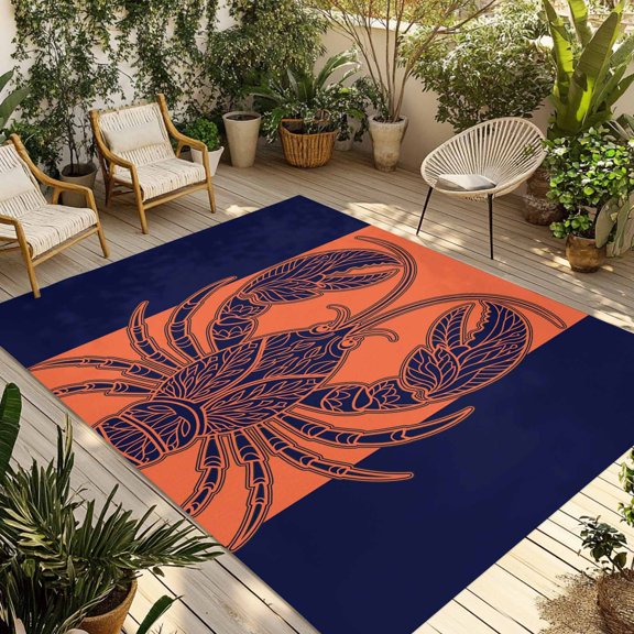 Lobster Navy Blue Outdoor Rug 4x6 Ft - Reversible Patio Rug Outdoor Camping Rugs, Boho Tropical Orange Stripe Summer Washable Indoor Outdoor Area Rugs, Non-Slip Outdoor Carpet Runner for Deck/Porch