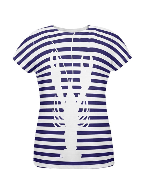 Lobster Navy Nautical Stripes All Over Womens T Shirt