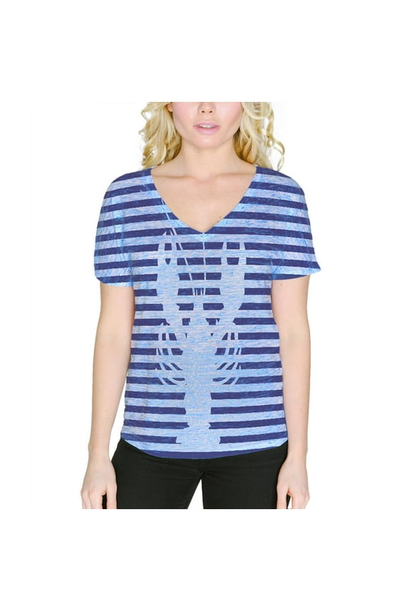 Lobster Navy Nautical Stripes Women's Slouchy V-Neck T Shirt Blue Marble SM