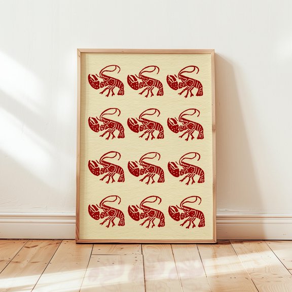 Lobster Pattern Poster, Red Seafood Print, Paper Wall Art, Poster Only
