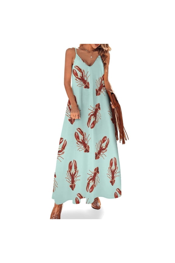 Lobster Pattern on Mint Background Sleeveless Dress Loose Women's Dress Dresses Luxury Evening Dresses