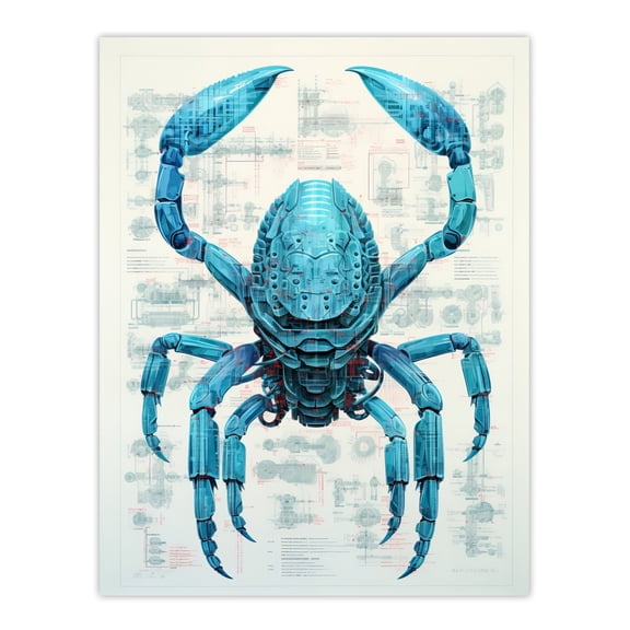 Lobster Robot Hybrid Schematic Blueprint Futuristic Secret Complex Arcane Manuscript Gift For Him Man Cave Large Wall Art Poster Print Thick Paper 18X24 Inch