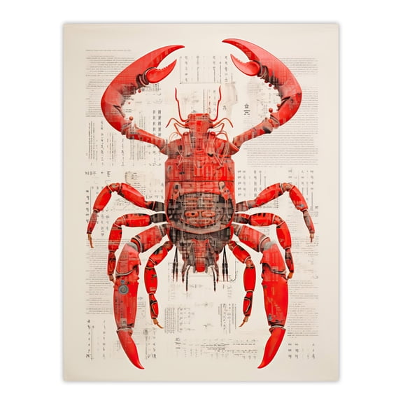 Lobster Robot Hybrid Secret Military Schematic Blueprint Futuristic Complex Arcane Manuscript Gift For Him Man Cave Extra Large XL Wall Art Poster Print