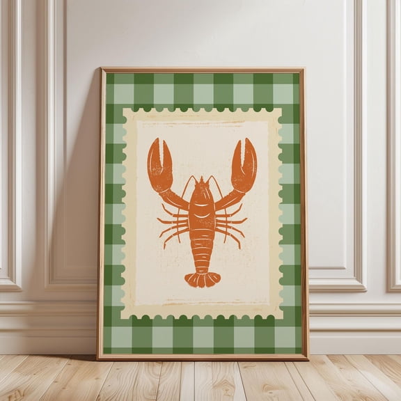 Lobster Sea Life Ocean Seafood Stripe Kitchen Maximalist Colourful Retro Wall In Green Orange |Checkered Pattern Posters, Unframed Canvas Size 12x18