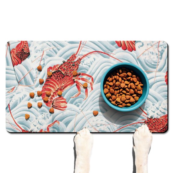 Lobster Seafood Nautical Dog Food Mat – Coastal Marine Pet Feeding Mat 17x30, Cute Funny Crustacean Ocean Sea Life Non-Slip Absorbent Quick Dry Waterproof Easy Clean