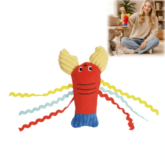 Lobster Shaped Cat Toy with Colorful Ribbon Tentacles, Interactive Boredom Relief Toy for Indoor Cats, Soft Plush Toy for Kitten Biting Kicking and Self-Play