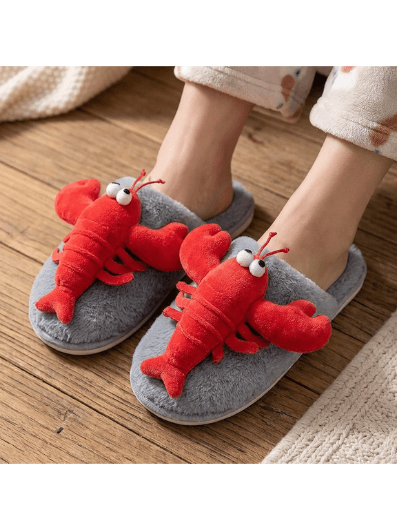 Lobster Slippers for Women Men Funny Animal House Shoes Red Lobster Slides with Non-Slip Rubber Sole Cozy Open Back Winter Warm Plush Scuff Slippers Fun Gag Gifts for Adults 9-10