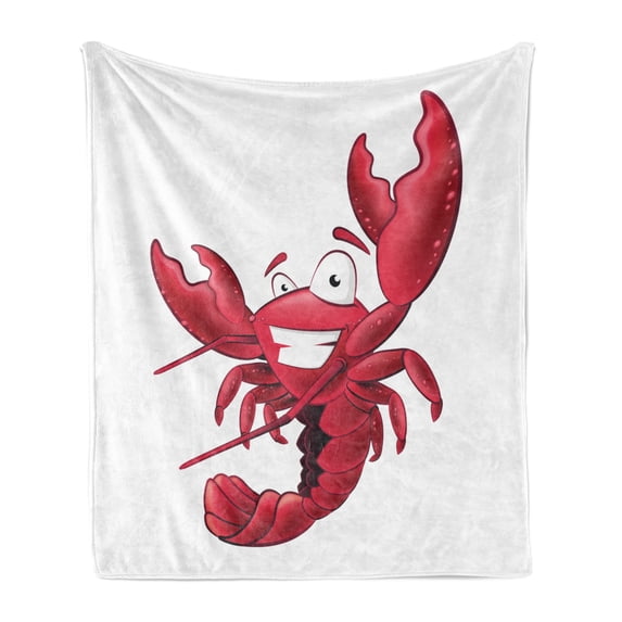 Lobster Soft Flannel Fleece Blanket, Illustration of a Happy Smiling Cartoon Lobster Waving His Pincers in the Air, Cozy Plush for Indoor and Outdoor Use, 60" x 80", White Dark Coral, by Ambesonne