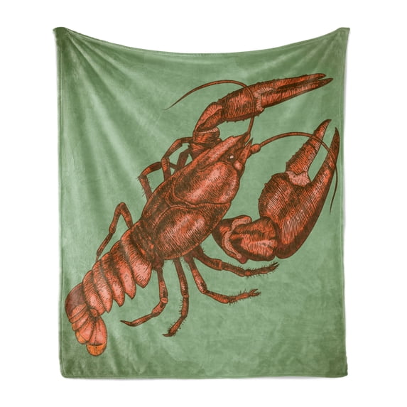 Lobster Soft Flannel Fleece Throw Blanket, Antique Vintage Style Hand-Drawn Crustacean Engraving Print, Cozy Plush for Indoor and Outdoor Use, 50" x 70", Pale Green Vermilion, by Ambesonne