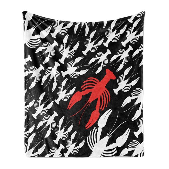 Lobster Soft Flannel Fleece Throw Blanket, Ocean Fauna Theme Group of Lobsters as Silhouette Shapes Pattern, Cozy Plush for Indoor and Outdoor Use, 60" x 80", Vermilion White, by Ambesonne
