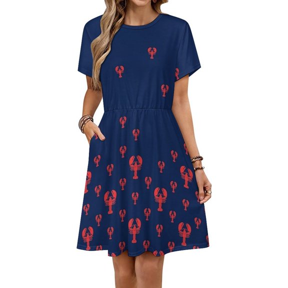Lobster Squadron on Navy Dress Summer Street Style Dresses Female Short Sleeve Printed Sundress