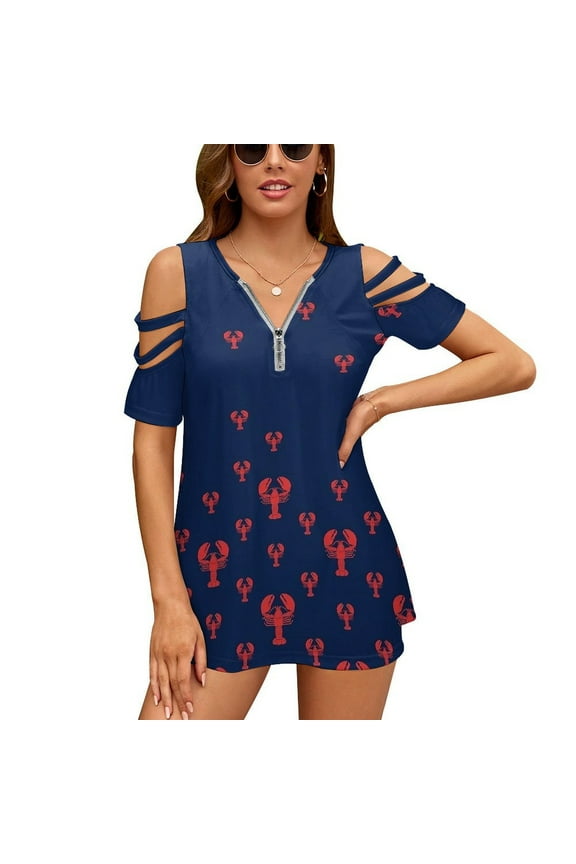 Lobster Squadron on Navy Womens Summer V Neck Zipper Top Short Sleeve T Shirt Off Shoulder Top Casual Classy Loose Shirts