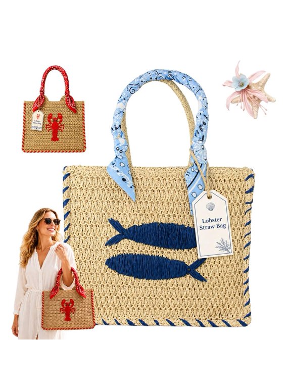 Lobster Straw Bag, Embroidered Woven Tote Purse for Women, Red Scarf Handle | Natural Woven Summer Beach Handbag with Red Lobster Embroidery and Scarf-Wrapped Handles for Vacation