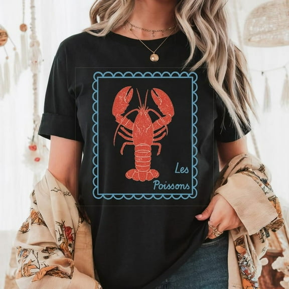 Lobster T-Shirt, French Coastal Tee, Distressed Shirt, Oversized Coquette Aesthetic, Nautical Style