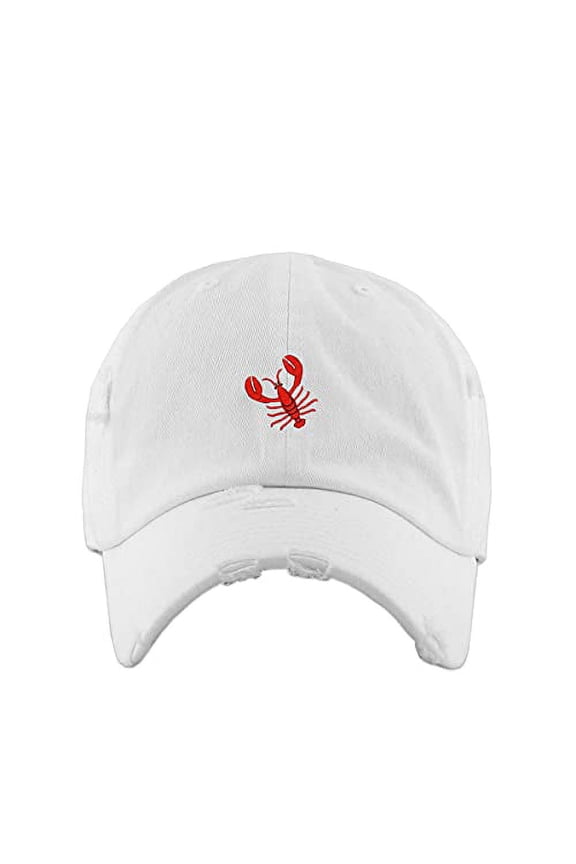 Lobster Vintage Baseball Cap Embroidered Cotton Adjustable Distressed Dad Hat White