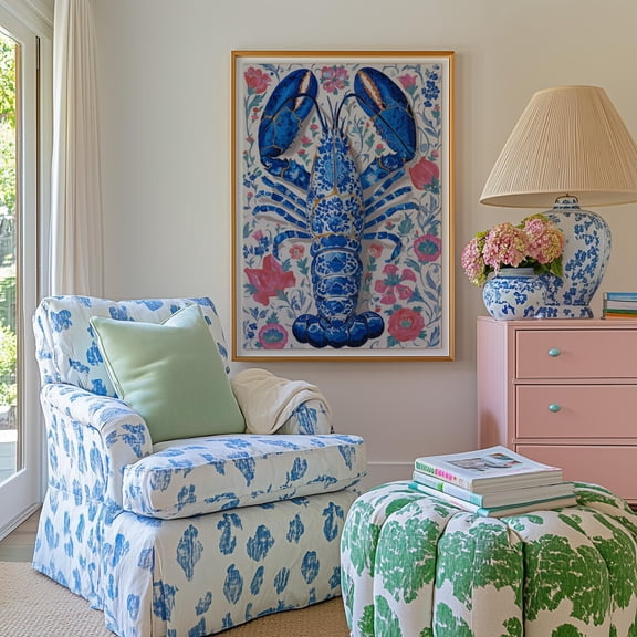 Lobster Wall Art Print, Blue Chinoiserie Coastal Decor, Marine Life, Unframed Paper Print Size 8x12