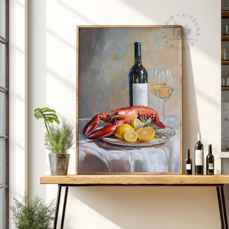 Lobster Wine Oil Painting Wall Art, Vintage Coastal Kitchen Decor Gift ...