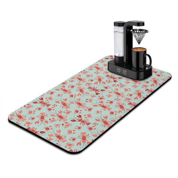 Lobster and Coral Pattern Coffee Bar Mat - Multipurpose Absorbent Mat with Non-Slip Base, Nautical Themed Kitchen Counter Protector, 15.7 x 23.6 Inch