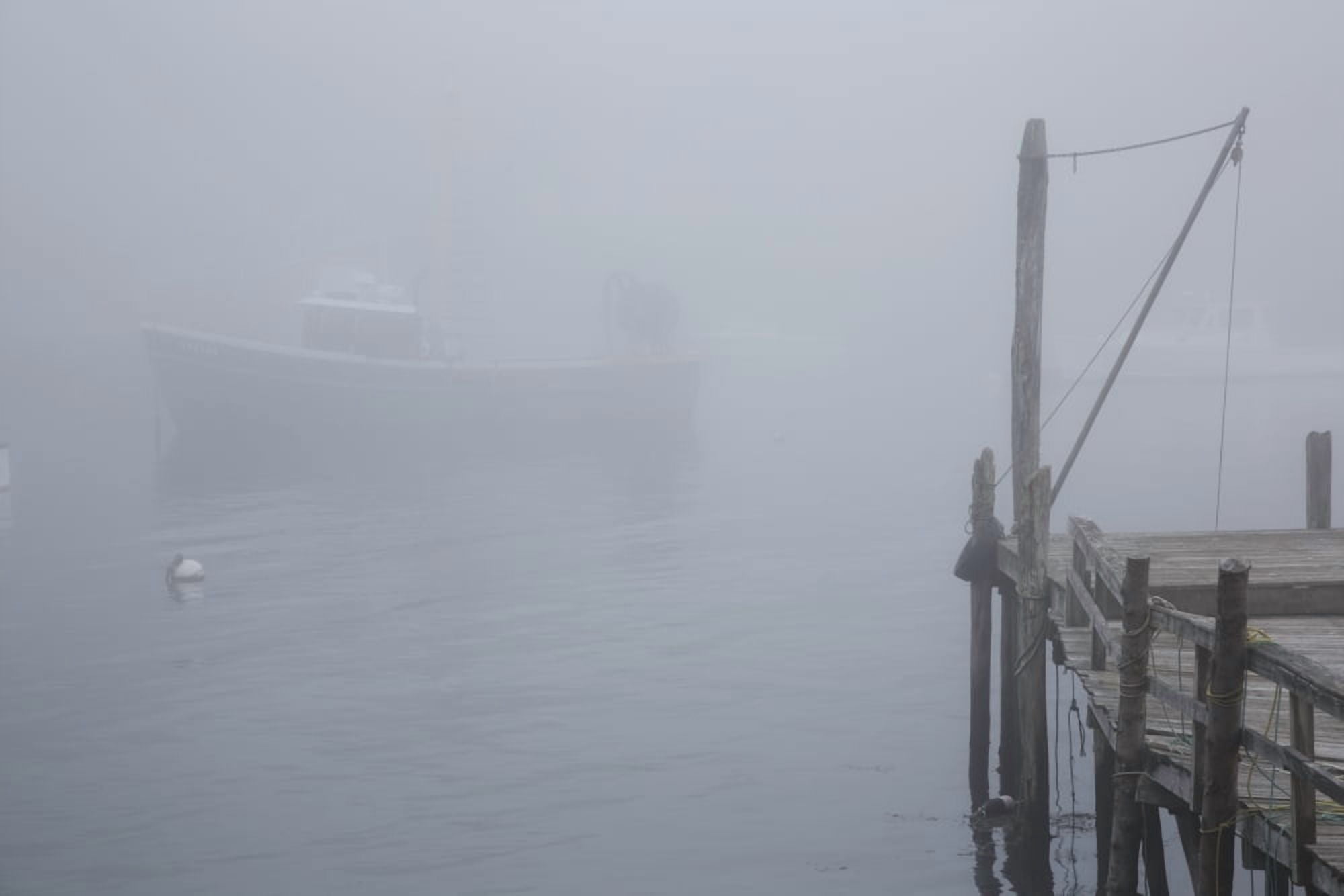 Lobster boat and boat dock in fog New Harbor Maine United States of America Canvas Art - Lynn Stone Design Pics (19 x 12)
