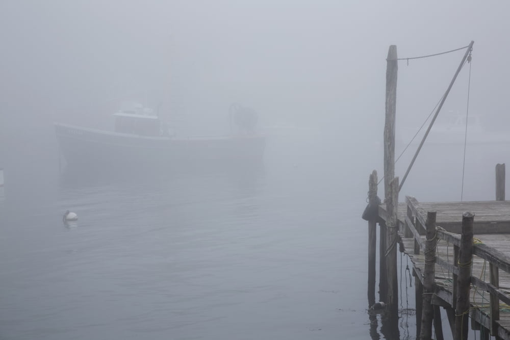 Lobster boat and boat dock in fog New Harbor Maine United States of America Canvas Art - Lynn Stone Design Pics (38 x 24)