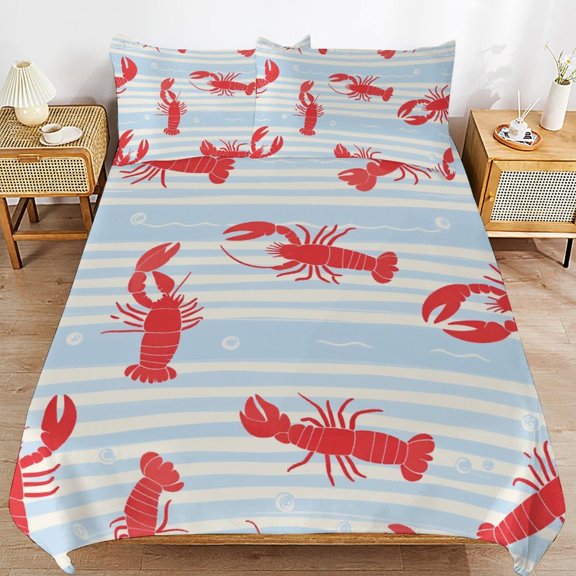 Lobsters on Light Blue Stripes-2 Quilt Cover 3pcs Set Home Textiles Duvet Cover Set Pillowcases Soft Comfortable Bedding Set King