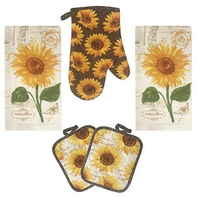 Lobyn Value Packs Golden Sunflower Kitchen Towel 5 Piece Linen Set 2 Towels  2 Pot Holders 1 Oven Mitt 