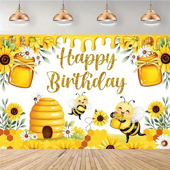 Local 1pc Bee & Sunflower Party tapestry - Vibrant Yellow Honeycomb, Daisy & Cute Bees Design with Happy Birthday Text, Durable Photography Banner for Birthdays, Weddings, Showers, Indoor/Outdoor