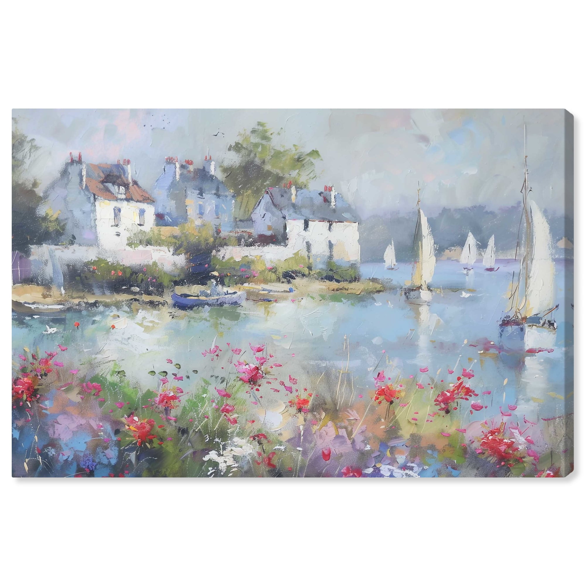 Vibrant Coastal Town Scene Canvas Wall Art, 24" x 36"