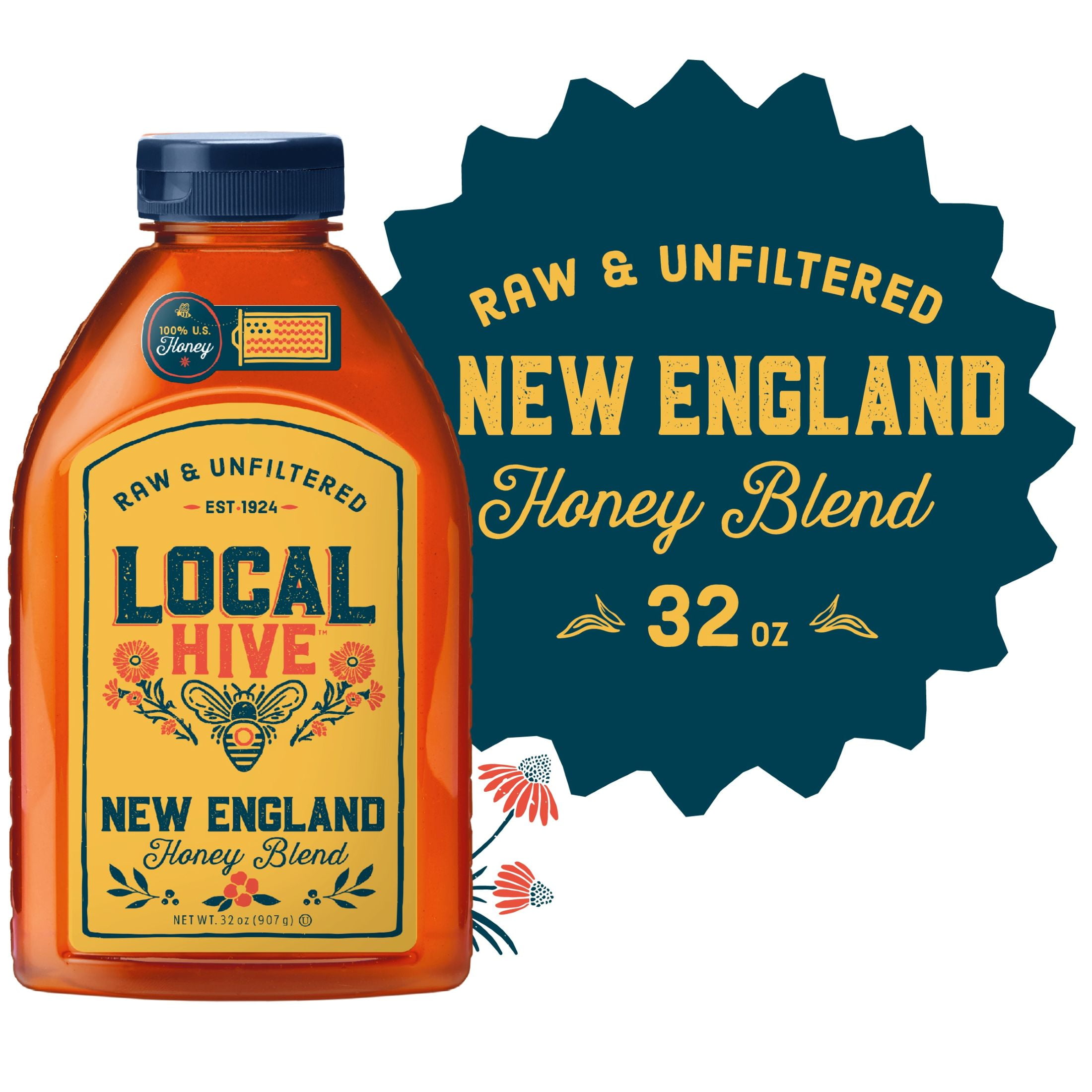 Local Hive, Raw & Unfiltered, 100% U.S New England Honey Blend, 32oz Bottle