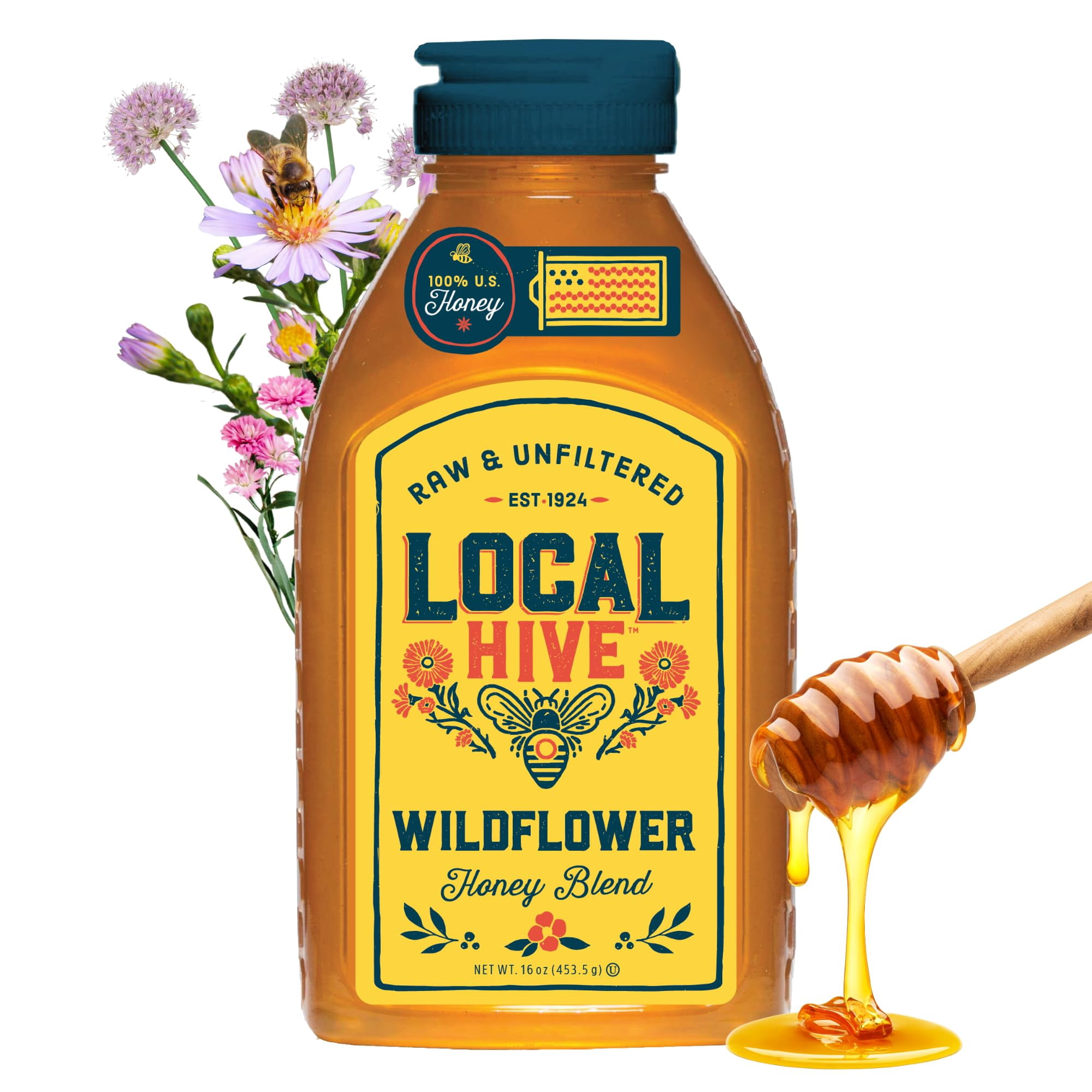 Local Hive Wildflower Raw JKF25 Unfiltered Honey - 16oz, 100% Pure US ...