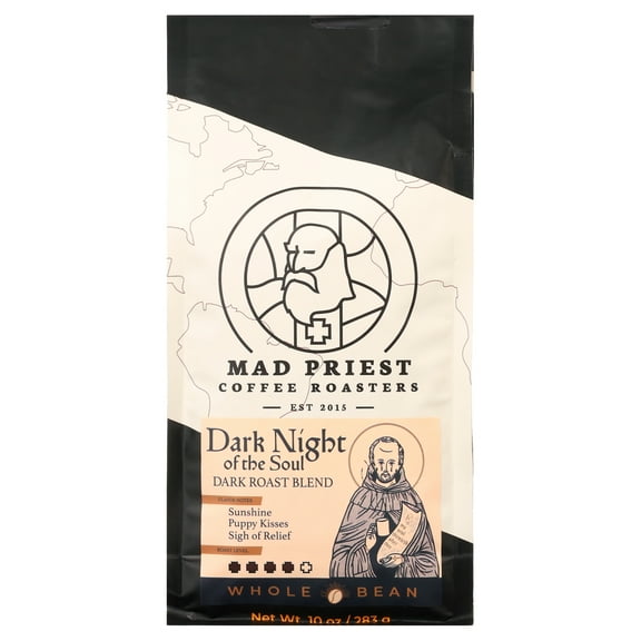 Local Mad Priest Coffee - Dark Night of The Soul, Dark Roast Blend, Whole Bean, 10oz