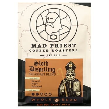 Local Mad Priest Coffee, Sloth Dispelling Breakfast Blend, Whole Bean, Medium Light Roast, 10oz