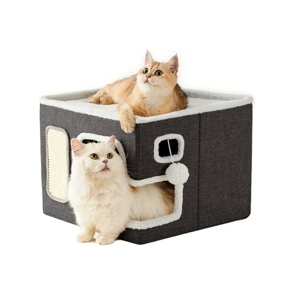 Local Warehouse Cat Beds For Indoor Cats - Large Cat House For Pet With Fluffy Ball Hanging And Scratch Pad, Foldable Cat Hideaway, 16.5x16.5x13 Inches, Grey
