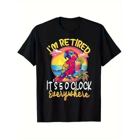 Local Warehouse Men's Retirement Humor T-Shirt - "It's Five O'clock Wherever I Go" Parrot & Tropical Beach Graphic, Black Cotton Crew Neck Tee