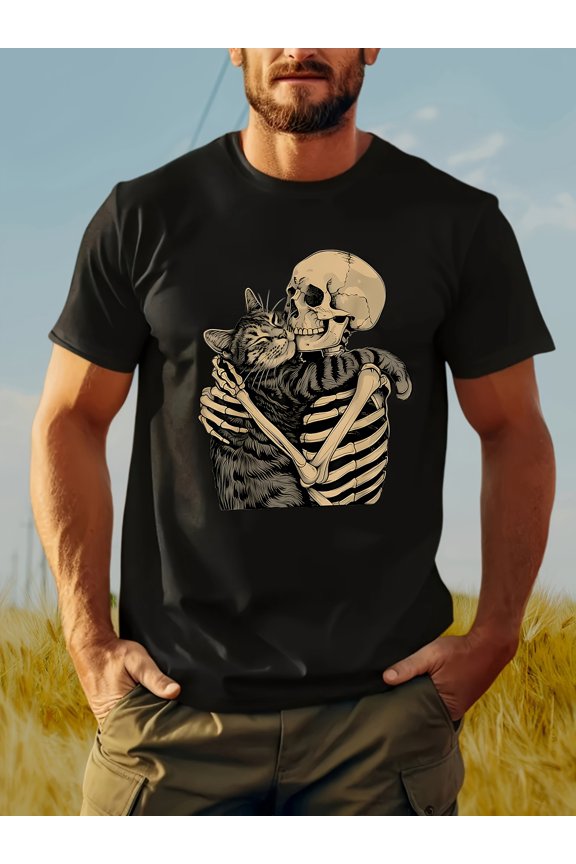 Local1pc Men'S Cat Graphic T-Shirt with Skeleton Design, 180G Crew Neck Tee, Casual Printed Top with a Bit of Stretch, Great for Cat Enthusiasts, Perfect for Halloween, Christmas, And Thanksgiving