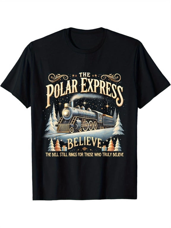 Local1pc Polar Express Christmas T-Shirt - Made from 100%, This Crew Neck Short Sleeve Tee Features a Vintage Holiday Design with a 'Believe' Script And Train Illustration.