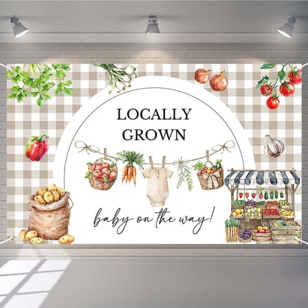 Locally Grown Baby Shower Backdrop Farmers Market Baby Shower Photography Background Home Grown Fruit and Vegetables Newborn Birthday Party Decorations Banner Supplies Photo Booth Props