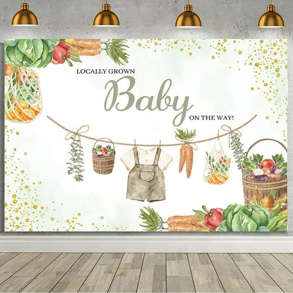 Locally Grown Baby Shower Backdrop Green Farmers Market Baby Shower Decorations Banner for Kids Vegetable and Fruit Theme Party Photography Background Cake Table Photo Booth Props