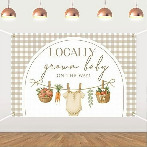 Locally Grown Baby Shower Backdrop, Vegetable Fruit Babysuit Baby Shower Decorations Farmer's Market Photography Background for Kids Boy Girl Decorations