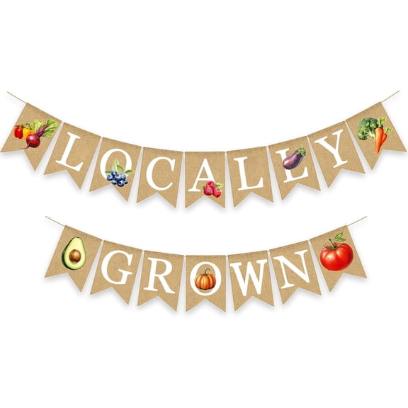 Locally Grown Fresh Produce Fruit Veggie Burlap Banner, White Letter Rustic Jute Pennant Garland for Farm Market Farmhouse Kitchen Front Door Decor