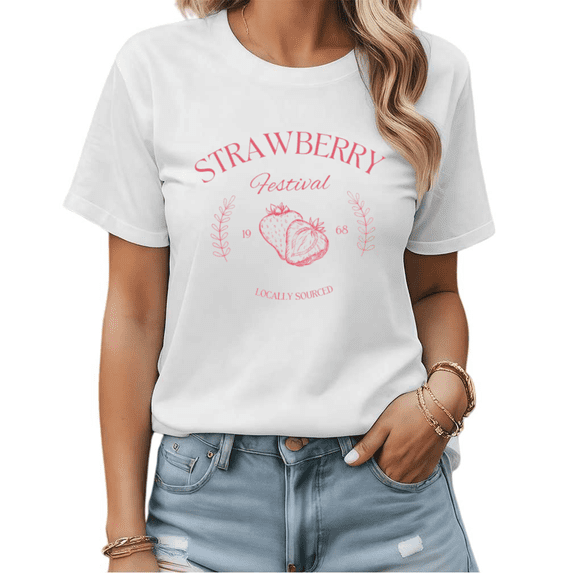 Locally Sourced Pink Strawberry Graphic Tees Womans T shirt Black/White S-5XL Shirts Casual Daily Tops