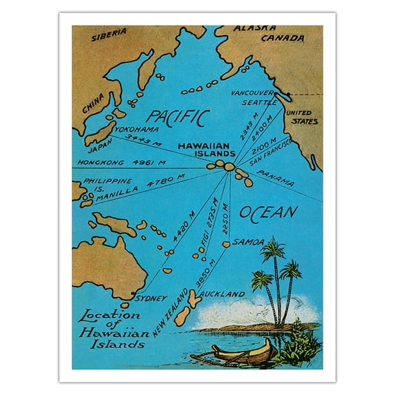 Location of the Hawaiian Islands Map - Island Curio Co. of Honolulu Postcard - Vintage Hawaiian Color Postcard c.1920s - Fine Art Matte Paper Print (Unframed) 24x32in