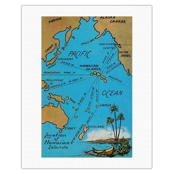 Location of the Hawaiian Islands Map - Island Curio Co. of Honolulu Postcard - Vintage Hawaiian Color Postcard c.1920s - Fine Art Rolled Canvas Print 20in x 26in