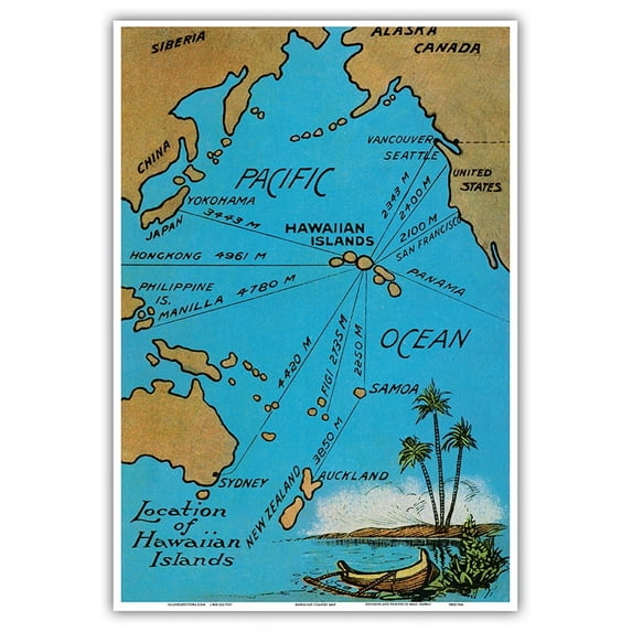 Location of the Hawaiian Islands Map - Island Curio Co. of Honolulu Postcard - Vintage Hawaiian Color Postcard c.1920s - Master Art Print (Unframed) 13in x 19in